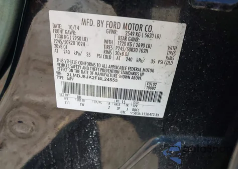 2015 Lincoln Mkx z USA, uszkodzony, nr VIN 2LMDJ8JK2FBL24555